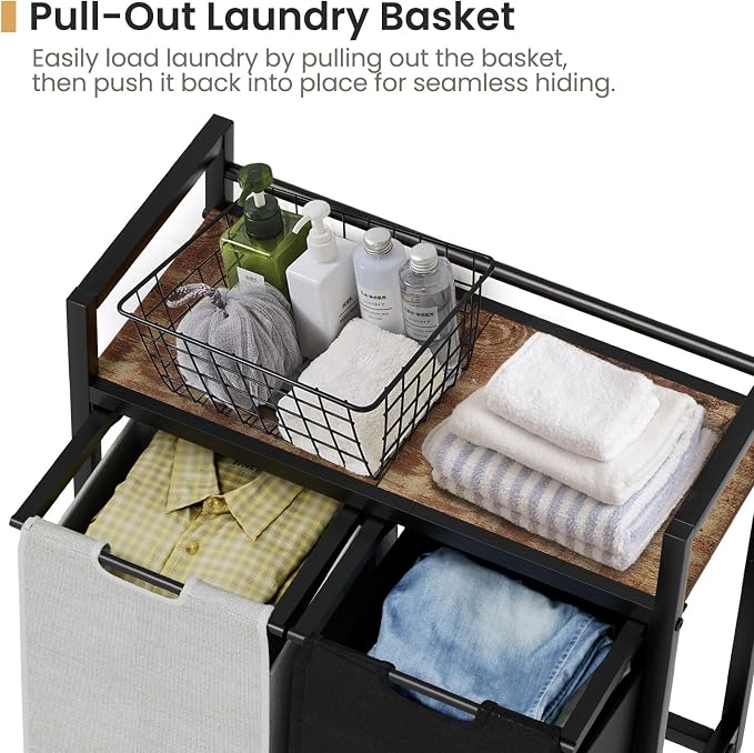 SwaaVee Laundry Hamper, Laundry Basket, Laundry Sorter with 2 Removable Bags, Clothes Basket with 2 Compartments, Wheels, Shelf for Laundry Room Bathroom Bedroom (2 Bags-Black Grey) - Image 4