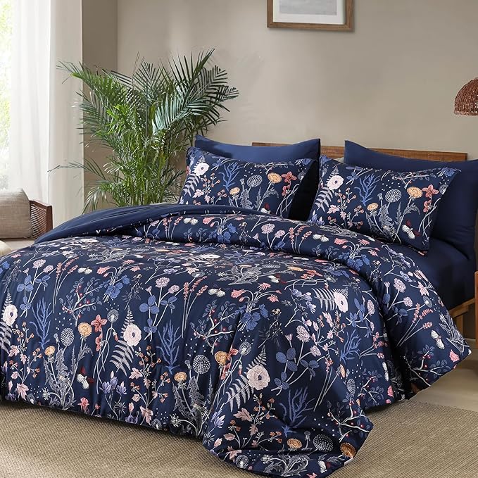 Yiran Queen Comforter Set, 7 Pieces Navy Blue Floral Soft Bedding Sets, Queen Bed in a Bag with Botanical Flowers Winter Comforter, Sheets, Pillowcases & Shams