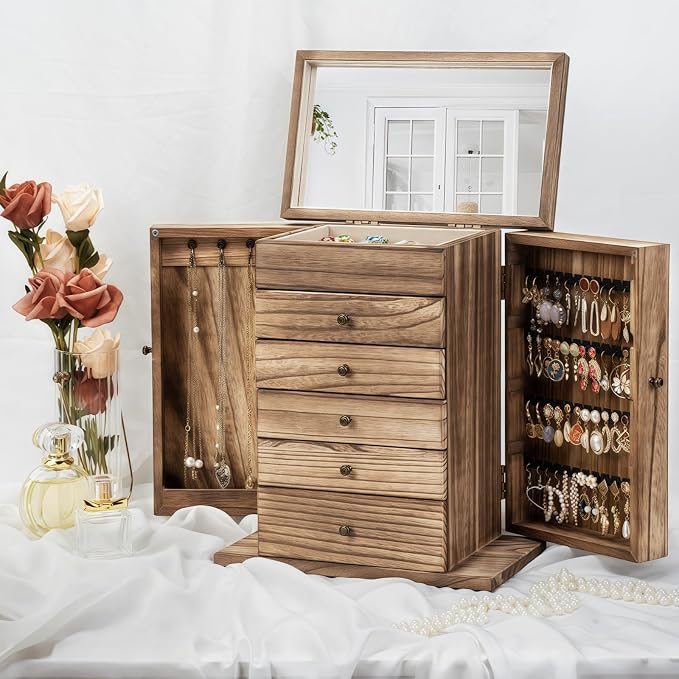 Emfogo Wooden Jewelry Box for Women, 6-Tier Large Jewelry Organizer Boxes with Mirror Rustic Solid Wood jewlery Storage Display for Rings Earrings Necklaces Bracelets watches(Carbonized Brown) - Image 5