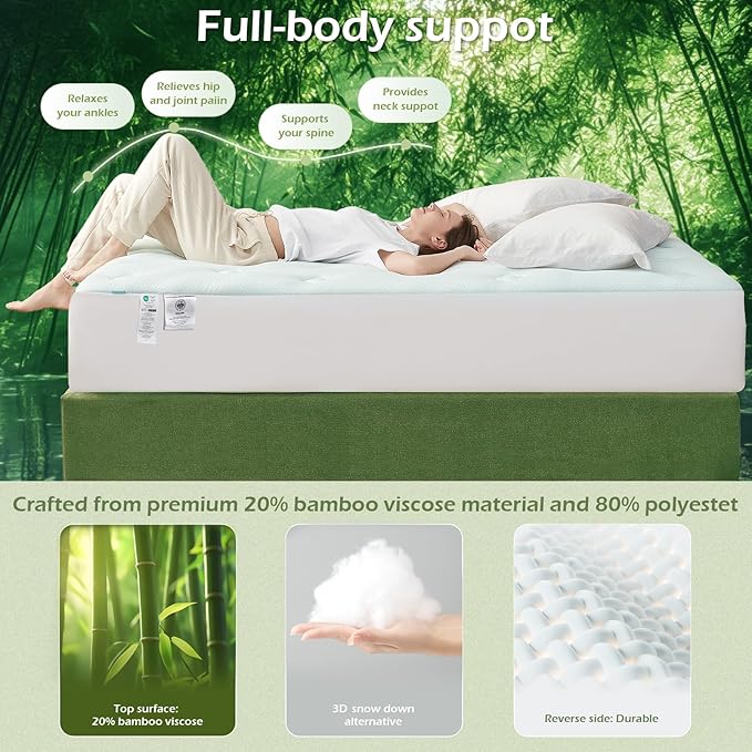 Hansleep California King Mattress Topper Memory Foam, California King Foam Mattress Topper Viscose Derived from Bamboo, Cal King Size Bed Mattress Pad Cover for Back Pain Relief, 72" x 84", White