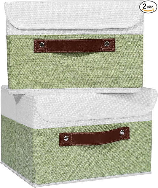 ANMINY 2PCS Storage Boxes with Lid Washable Decorative Storage Bins Basket with PU Leather Handle Foldable Linen Fabric Storage Cubes Containers for Home Closet Organizer - Green White, Small Size by ANMINY