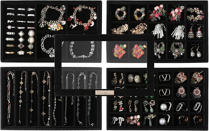 Frebeauty Stackable Jewelry Trays, Velvet Drawer Jewelry Organizer with Glass Lid,5 in 1 Multi-Functional Jewelry Storage for Earrings Necklaces Rings, 10.5 x 6.5 x 5.55 Inches Gift for Women(Black) by Frebeauty
