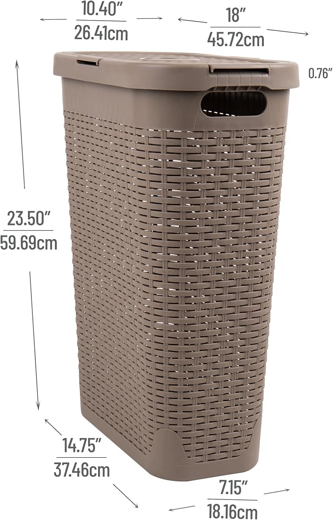 Mind Reader Slim Laundry Hamper with Lid, 40L Clothes Basket, Narrow Tapered Design with Ventilated Cutout Pattern, Plastic, Tan - Image 3