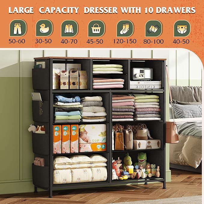 WLIVE Fabric Dresser for Bedroom with 10 Drawers, Chest of Drawers with Side Pockets and Hooks, Sturdy Metal Frame, Drawers Organizer Unit for Living Room, Hallway, Floral Painted