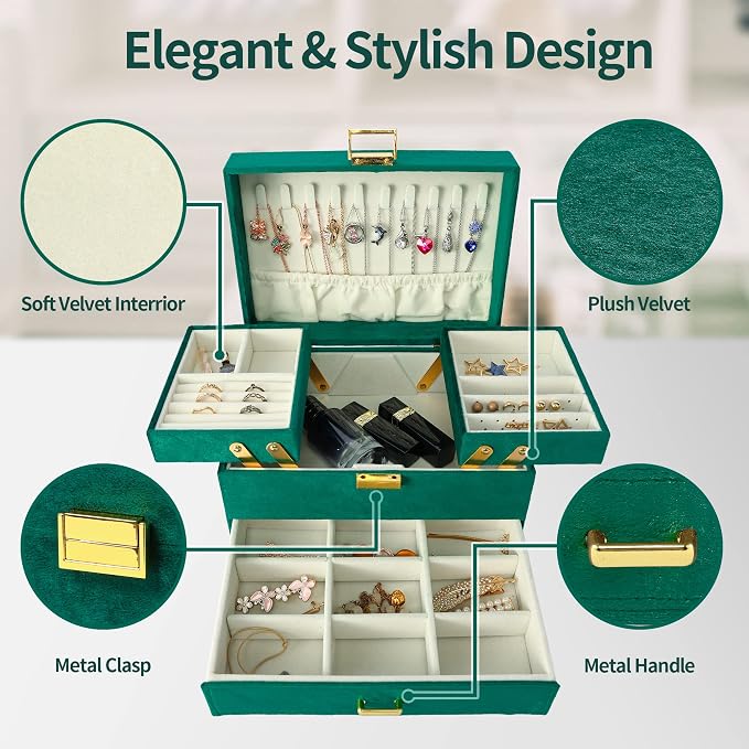 Dajasan Jewelry Organizer Box, Large Velvet Jewelry Boxes for Women Girls, Space-Saving 3 Layers Jewelry Storage Case with Drawer, Movable Metal Stand, Modern, Gift Idea (Green) - Image 3