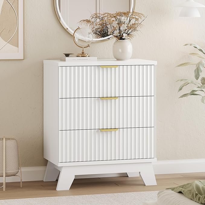 Fluted Dresser for Bedroom with 3 Drawers, 24" Wide Modern Chest of Drawers with Metal Handle, Wooden Dresser TV Stand, Wood Closet Clothes Storage Drawer Organizer for Living Room, Hallway, White