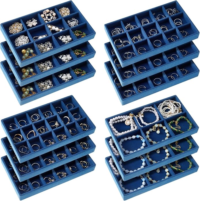 Junkin 12 Pcs Jewelry Tray Velvet Stackable Jewelry Organizer Trays Divided Earring Accessories Storage Containers Box (Rose Red) by Junkin