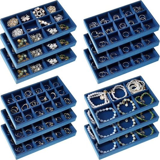 Junkin 12 Pcs Jewelry Tray Velvet Stackable Jewelry Organizer Trays Divided Earring Accessories Storage Containers Box (Rose Red) by Junkin