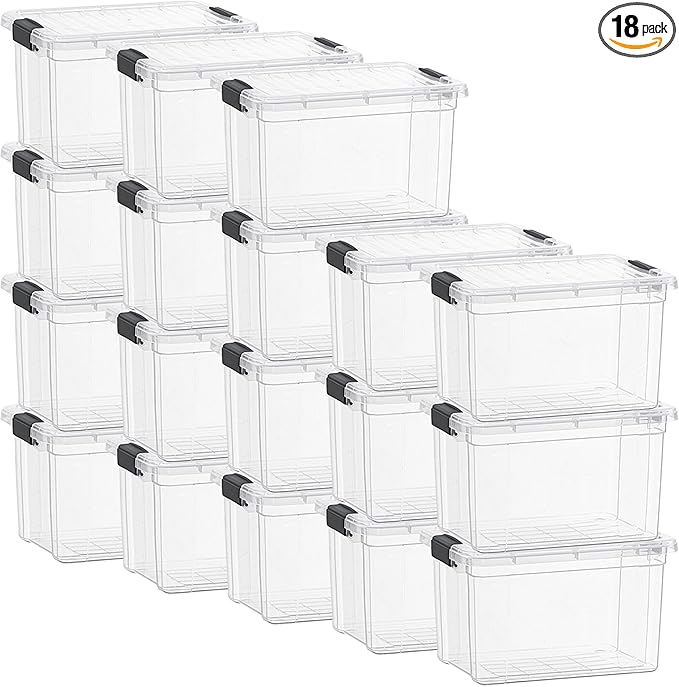 Superio Storage Bins with Lids- Clear Boxes for Organizing, Stackable Plastic Containers- BPA Free, Non-Toxic, Odor Free, Organizer for Home, Office, Dorm, 49 Qt, 18 Pack