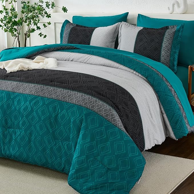 Dinjoy Boho Queen Comforter Set Teal Blue,7 Piece Bed in a Bag Queen Size Warm Striped Bedding Sets Dark Teal Plaid Fall Comforters Set with Sheets for Family All Season