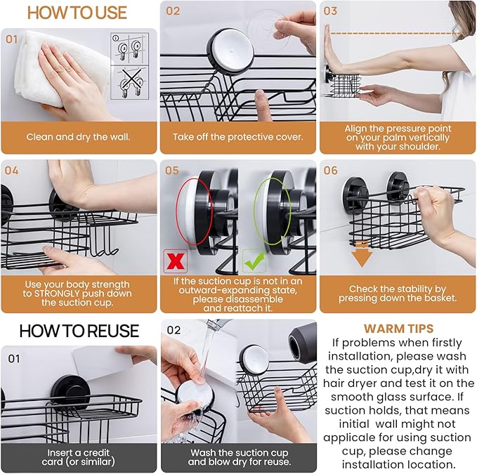 LEVERLOC Shower Caddy Suction Cup, 2 Pack suction shower shelf with Hooks & Soap holder, NO-Drilling Bathroom Holder, Rustproof bathroom organizer, Black - Image 6