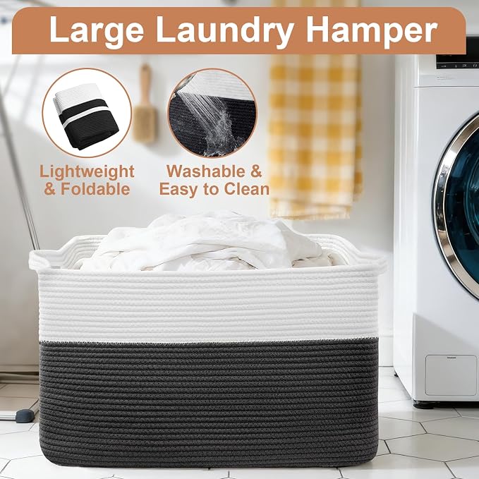 75L Large Blanket Basket, Rectangular Cotton Rope Basket, Laundry Hamper for Blankets, Pillows, Extra Large Toys Storage Bins for Kids, Dogs 22" x 17" x 12", White & Black - Image 5