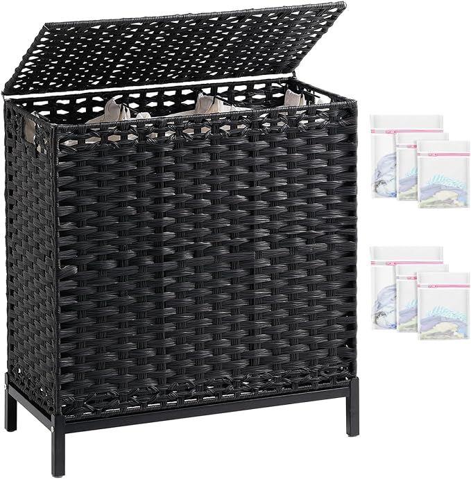 SETVSON Laundry Hamper with Lid 132 L, (35 Gallons) Clothes Hamper with Lid, Handwoven Rattan Laundry Hamper with Metal Heightened Feet, Laundry Hampers with 3 Removable Liner Bags for Laundry-Black by SETVSON