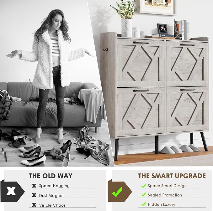 Nicetree Shoe Cabinet with 4 Flip Drawers, Freestanding Shoe Organizer Cabinet, Farmhouse Narrow Shoe Storage Cabinet for Entryway, Foyer, Hallway, Gray - Image 8