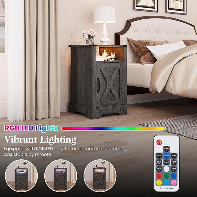 RoyalCraft 25" Tall Nightstands Set of 2, Farmhouse LED Nightstand with Charging Station, Wood End Table with Storage, Bedside Table for Bedroom, Dark Grey
