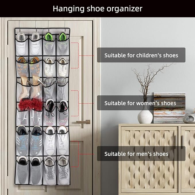 SAVERHO Over the Door Shoe Organizer, Hanging Shoe Organizer with 24 Mesh Large Pockets Door Shoe Rack Organizer for Men Women Kids Hanging Shoe Storage Bag.(White - Image 6