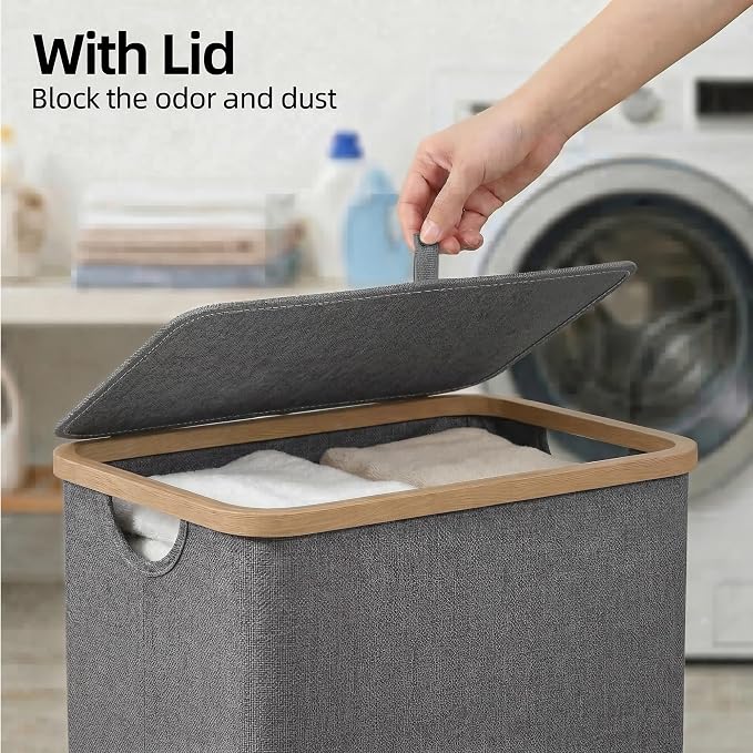 efluky Slim Laundry Basket with Lid, Narrow Laundry Hamper with Removable Bag, Skinny Dirty Clothes Basket with Bamboo Handles for Bathroom, Bedroom & Laundry Room, 75L Grey - Image 2