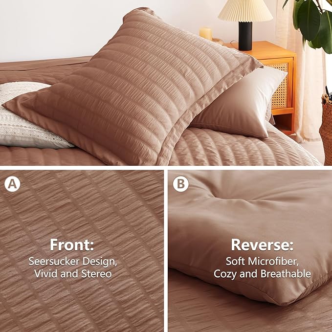CozyLux Full Size Comforter Sets with Sheets 7 Pieces, Mocha Mousse Seersucker Bed in a Bag Textured Luxury Soft Bedding Set with Down Alternative Comforter, Sheets, Pillowcases & Shams for All Season