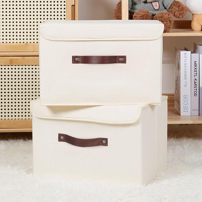 ANMINY Storage Bin with Lid Storage Boxes with PU Leather Handles PP Plastic Board Decorative Foldable Lidded Cotton Linen Fabric Home Cubes Baskets Closet Organizer Container - Beige, Large Size - Image 8