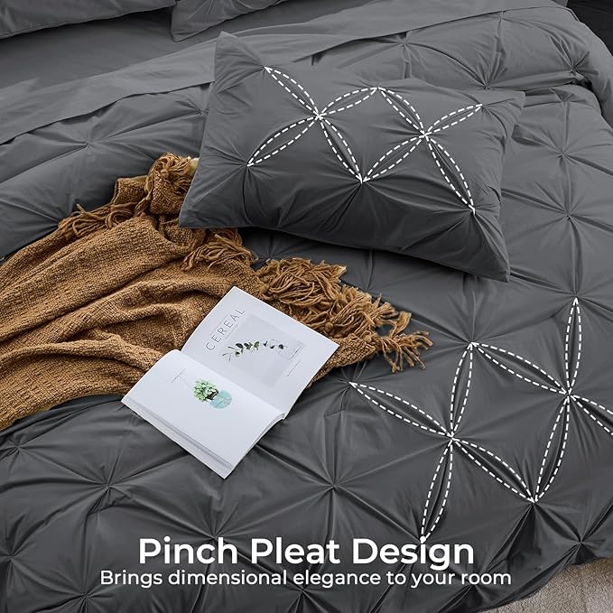 Sasttie Full Size Comforter Set, 7-Piece Bed in a Bag, Pintuck Bedding Sets for All Season, Includes Comforter, Flat Sheet, Fitted Sheet, Pillowcases and Pillowshams, Dark Grey