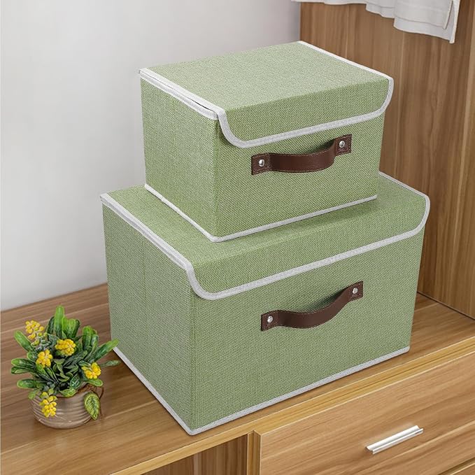 ANMINY 2PCS Storage Bin with Lid Storage Boxes with PU Leather Handles PP Plastic Board Decorative Foldable Lidded Cotton Linen Fabric Home Cubes Baskets Closet Organizer Container - Green, Medium - Image 6