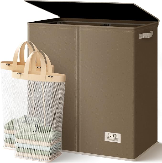 SOLEDI Large Double Laundry Hamper with Lid, Collapsible Clothes Hamper 2 section with Removable Bags, Space-Saving Laundry Basket for Bedroom, Dorm, College by SOLEDI