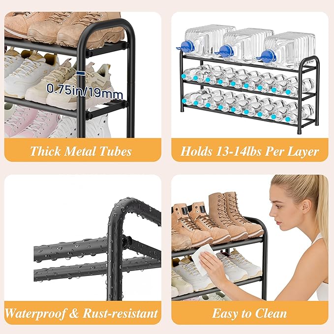 ENJOYBASICS 3 Tier Expandable Shoe Rack for Closet, Free Standing Metal Shoe Shelf Storage Organizer Holder 18 Pairs, Adjustable Width Shoe Rack for Entryway Small Space, Black - Image 6