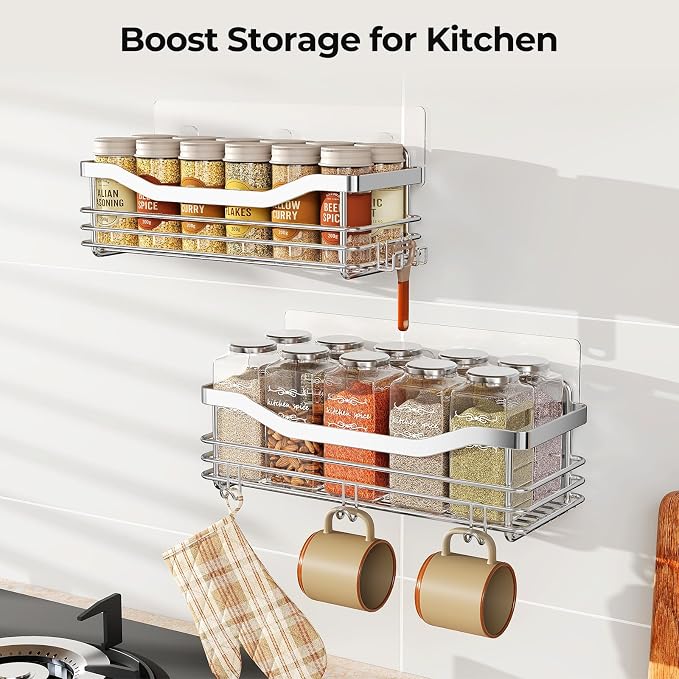 Orimade Shower Caddy Basket Shelf with 5 Hooks Adhesive Organizer Storage Rack Rust Resistant Wall Mounted Stainless Steel No Drilling for Bathroom, Toilet, Kitchen - 2 Pack - Image 2
