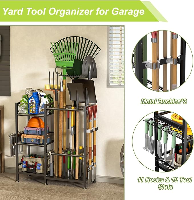 keomaisyto Garden Tool Organizer With Basket - 3 Tier Yard Storage Rack for Garage Organization, Heavy Duty Holder With 35 Long-Handled Slots for Shed, Yard, Garage - Image 4