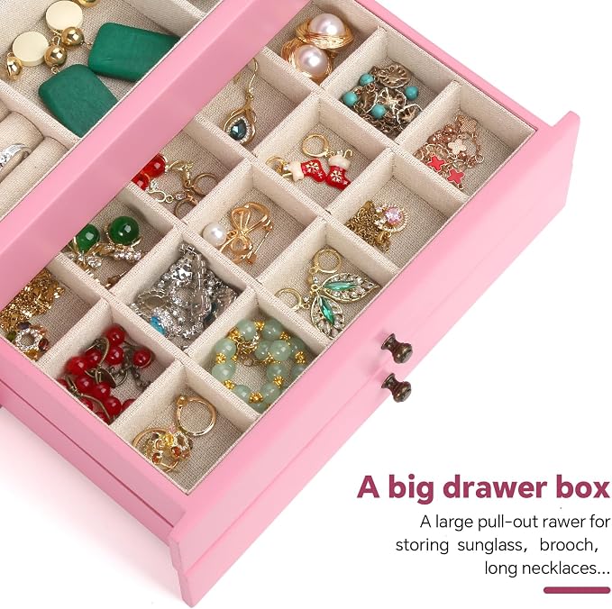 Meangood Jewelry Box Organizer for Women, 3 Layer Large Jewelry Storage Case, Rustic Wooden Jewelry Box with Mirror & Ring Tray for Necklace Earring Bracelets Rings, Vintage Style (Pink) - Image 6