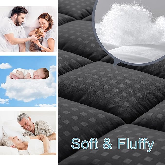 HYLEORY California King Mattress Pad Quilted Fitted Mattress Protector Cooling Pillow Top Mattress Cover Breathable Fluffy Soft Mattress Topper with 8-21" Deep Pocket, Black