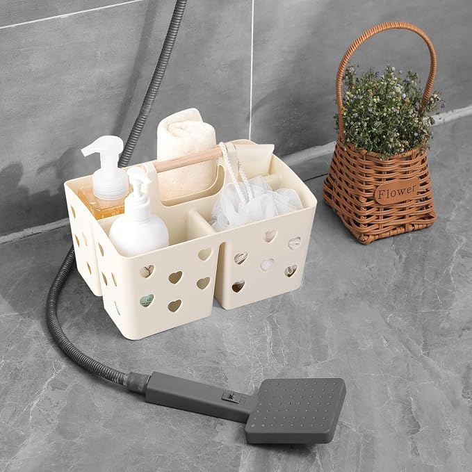 Anyoifax Portable Shower Caddy Plastic Shower Basket Organizer Divided Bathroom Caddy Storage Cleanning Caddy Tote with Handle for College, Dorm Room, Kitchen, Beige - Image 4
