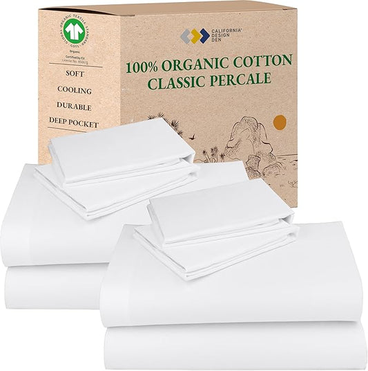 California Design Den 2-Pack Percale Sheets Queen Size Set - 100% Organic Cotton Sheets, Deep Pockets, Crisp, Breathable and Lightweight Bedding Set - White