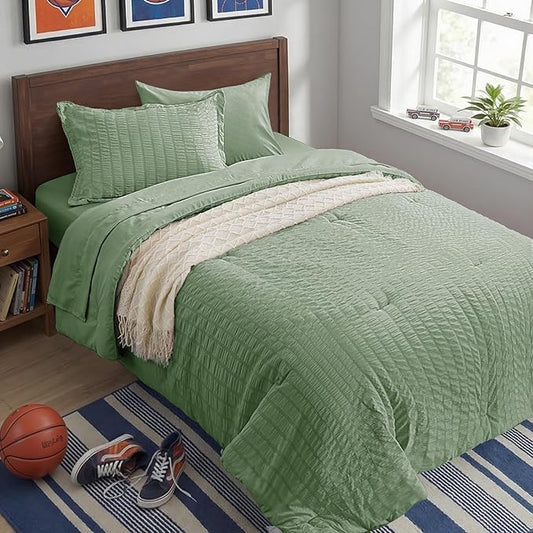 Zzlpp Twin Comforter Set - 5 Pieces, Sage Green Seersucker Bed in a Bag with Comforter, Pillow Sham, Pillowcase, Flat Sheet, Fitted Sheet