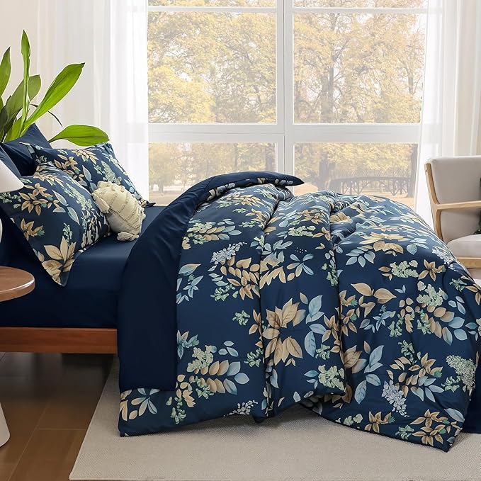 Cottolester Navy Blue Comforter Set Full Size Floral 7-Piece Bedding Set,Botanical Comforter Set with Pillowcases,Soft Microfiber Complete Bedding Sets for All Season