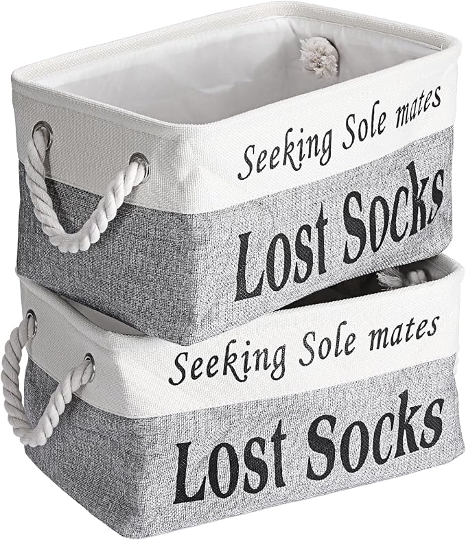 2 Pack Lost Socks Basket for Laundry Room, Fabric Missing Sock Holder for Single Sock Organization, Collapsible Lost Socks Bin Stockings Container, Farmhouse Laundry Room Decor and Accessories by Hoowen