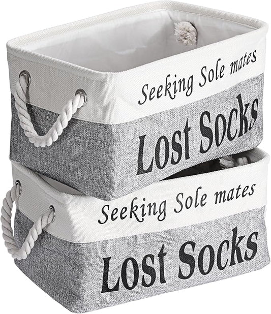 2 Pack Lost Socks Basket for Laundry Room, Fabric Missing Sock Holder for Single Sock Organization, Collapsible Lost Socks Bin Stockings Container, Farmhouse Laundry Room Decor and Accessories by Hoowen
