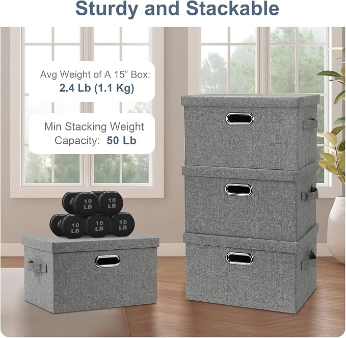 Graciadeco Medium 15" 21 Quart Collapsible Stackable Storage Bins with Lids, 5 Packs Grey Foldable Fabric Closet Boxes Heavy-duty Linen Cube Baskets Container for Bedroom Office (15 x 11 x 8) - Image 5