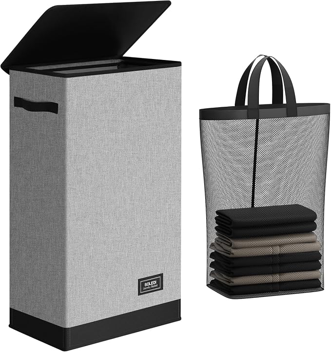 SOLEDI Slim Laundry Hamper with Lid, Narrow Laundry Basket with Removable Bags, Dirty Clothes Hamper with handle, Small Hamper perfect for Laundry room, Bathroom, Bedroom, Small spaces. 70L Grey by SOLEDI