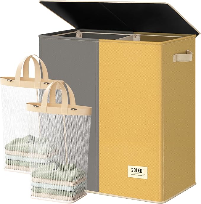 SOLEDI Large Double Laundry Hamper with Lid, Collapsible Clothes Hamper 2 section with Removable Bags, Space-Saving Laundry Basket for Bedroom, Dorm, College by SOLEDI