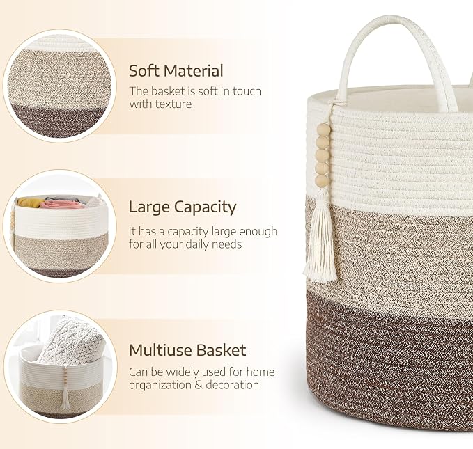 Mkono Woven Storage Basket Decorative Natural Rope Basket Wooden Bead Decoration for Blankets,Toys,Clothes,Shoes,Plant Organizer Bin with Handles Living Room Home Decor, 16" W × 13.8" L - Image 5