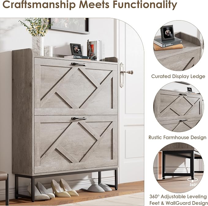 Nicetree Shoe Storage Cabinet with 2 Flip Drawers, Freestanding Shoe Organizer, Shoe Cabinet with Metal Legs, Narrow Shoe Rack Cabinet, Farmhouse Slim Shoe Cabinet for Entryway, Hallway, Rustic Gray - Image 6