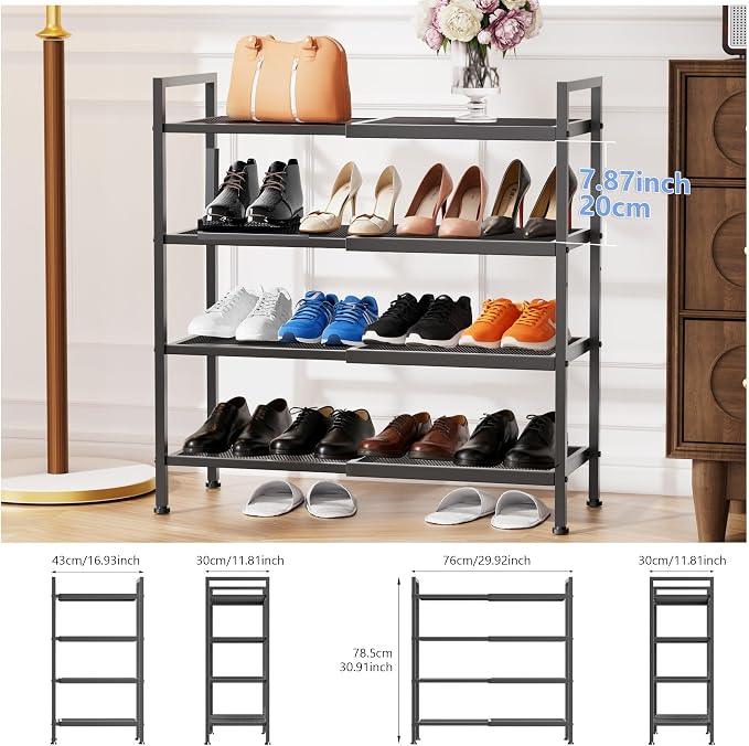 4 Tier Shoe Rack, Expandable Shoe Rack for Closet, Adjustable Shoe Organizer for Entryway, Shoe Storage Organizer for Door Entrance, Garage, Bedroom - Image 3