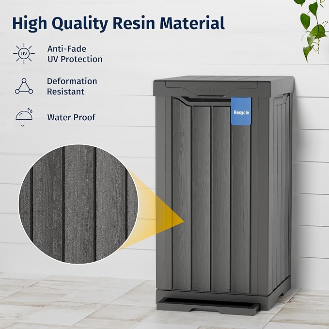 EAST OAK 31 Gallon Outdoor Trash Can | Waterproof Resin Garbage Can with Recycle and Garbage Labels | Secure Bag Lip Lock and Drip Tray | Outside Trash Bin for Patio | Kitchen, Backyard or Deck | Gray - Image 3