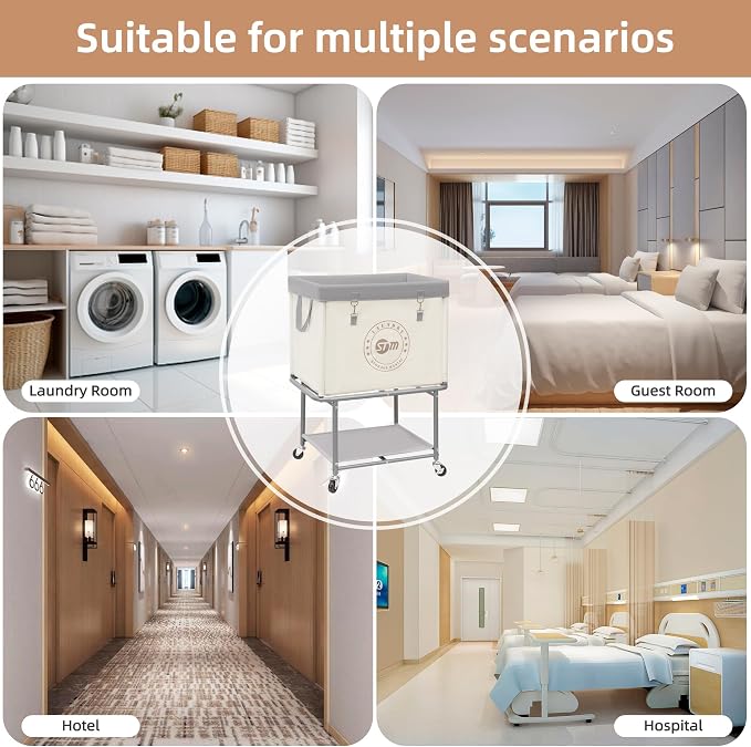 STORAGE MANIAC Rolling Laundry Cart with Storage Shelf, Heavy Duty Industrial Laundry Basket with Wheels, Commercial Metal Frame Clothes Hamper with Canvas Bag for Dorm, Closet, Bedroom, Beige - Image 8