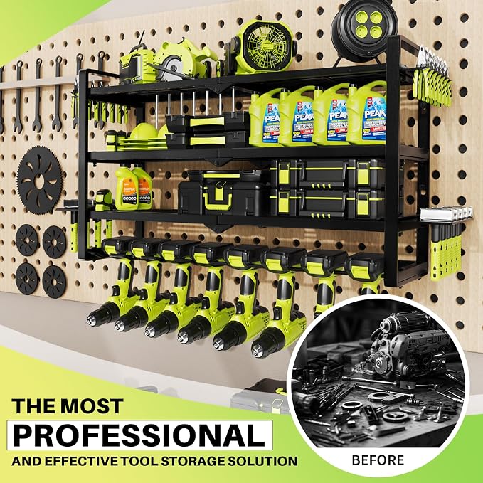 Hipidian Fathers Day Best Gifts for Daddy, Heavy Duty Power Tool Organizer Wall Mount- 400lb Capacity 4-Tier Storage Rack with 8 Drill Holders for Garage Tools, Birthday Gifts for Men Dad Husband - Image 2