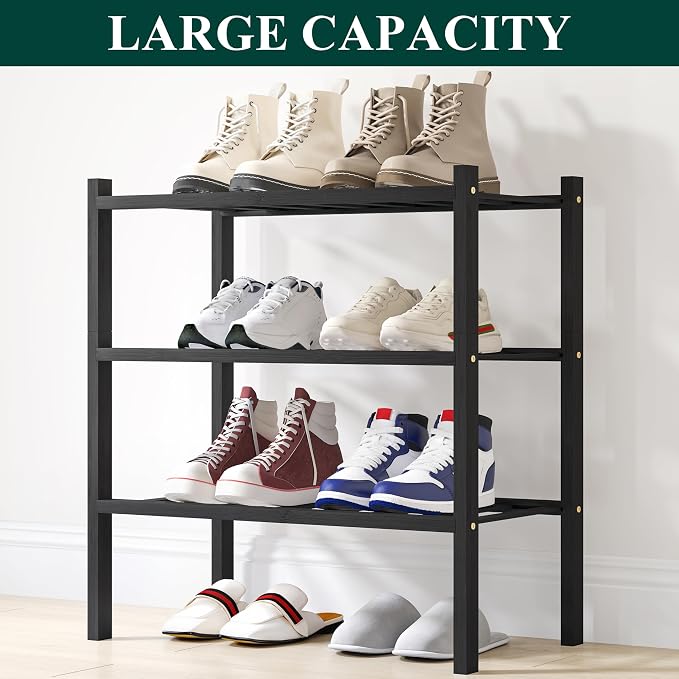 Smiry Shoe Rack, 3 Tier Small Bamboo Shoe Organizer, Stackable Free Standing Wooden Shoe Storage Shelf for Closet, Entryway, Front Door Entrance, Black - Image 5