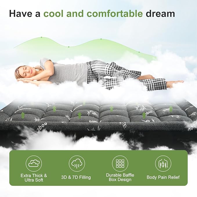 Queen Size Mattress Topper Viscose Derived from Bamboo, Soft Thick Pillow Top Mattress Pad Cover for Back Pain, Cooling Mattress Protector with 8-21 Inch Deep Pocket, Dark Grey