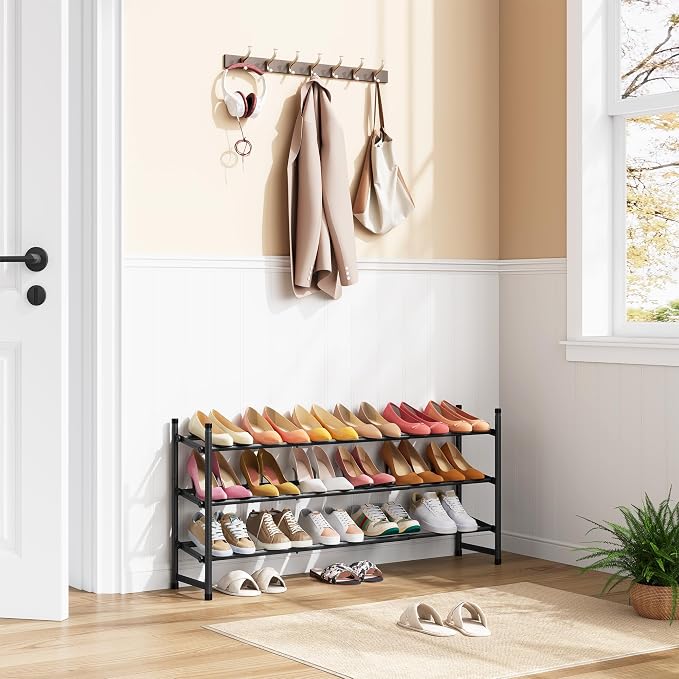 Tajsoon Expandable Shoe Rack for Closet 3 Tier, 28“-41“Adjustable & Stackable Shoe Shelf Storage, Metal Shoe Rack Organizer for Front Door Entrance, Closet, Garage, Entryway, Black - Image 2