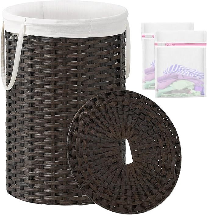 SETVSON Large Laundry Hamper Laundry Basket Round 34.3 Gal (130 L) Handwoven Wicker Laundry Baskets Rattan Laundry Basket with Laundry Bag Handles 2 Mesh Bags for Living Room Bedroom Brown by SETVSON